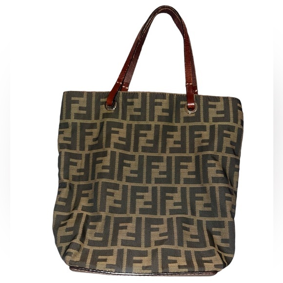 Fendi Zucca Monogram Mini Tote in Tan Brown Vachetta Leather Handles Luxury Tote - Picture 1 of 12